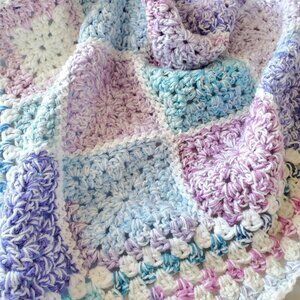 Crochet BABY BLANKET AFGHAN Lap Granny square 30" x 30" White Pink Blue Lilac